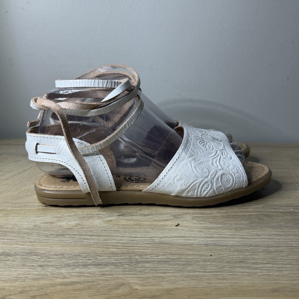 Mexico En La‎ Piel Huarache Sandals White Floral Tooled Strappy Lace Up Womens 8